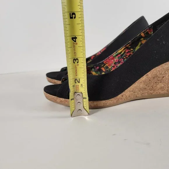 DexFlex Comfort Black Canvas Cork Wedge Peep Heels Shoes Women Size 6 - Picture 7 of 11